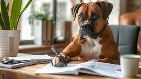 funny boxer dog working at a desk