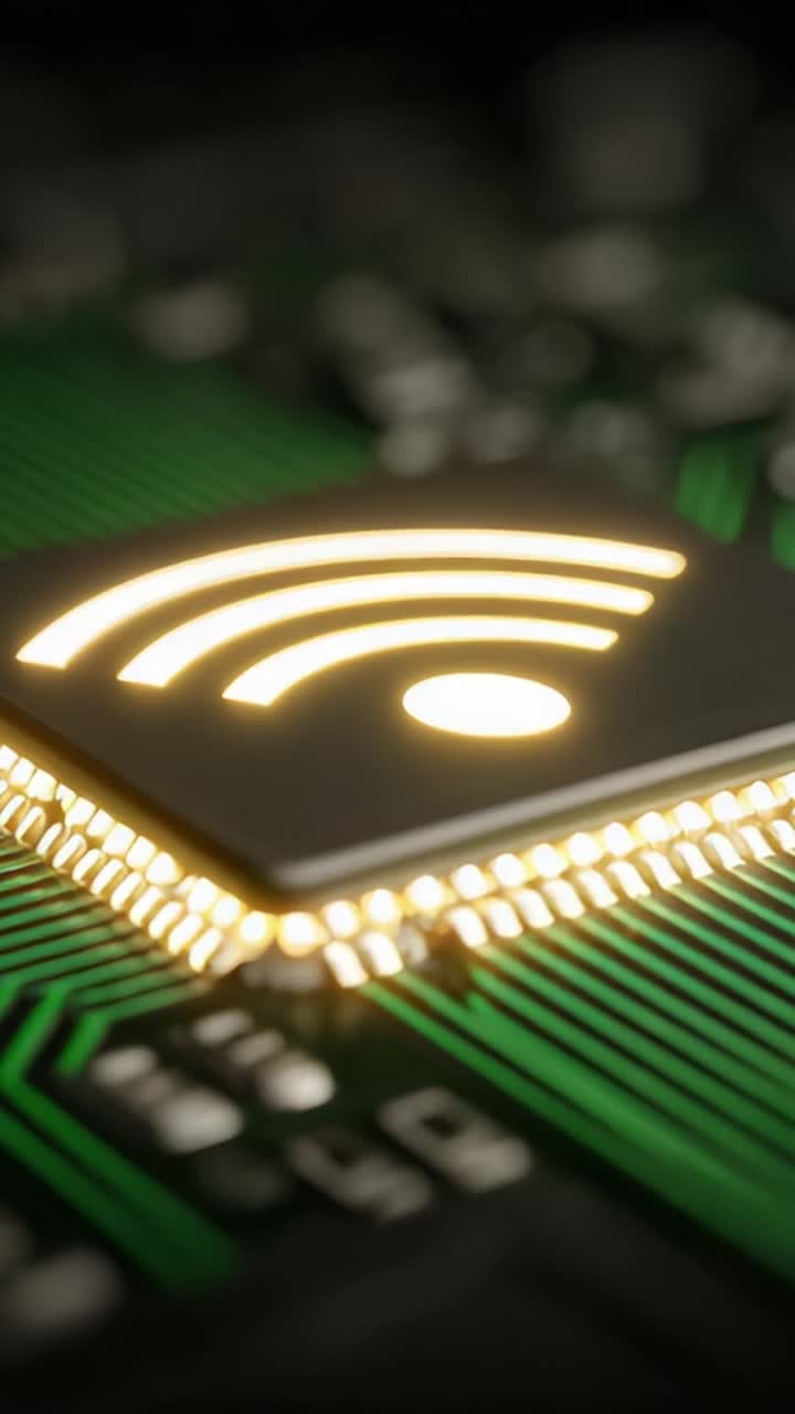 Primo piano dettagliato di un chip Wi-Fi su un circuito stampato che evidenzia elementi di connettività e tecnologia digitale in un moderno dispositivo elettronico