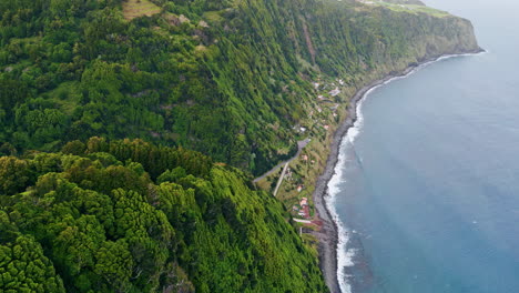 drone volcanic island landscape view. stunning morning seascape at cloudy day.