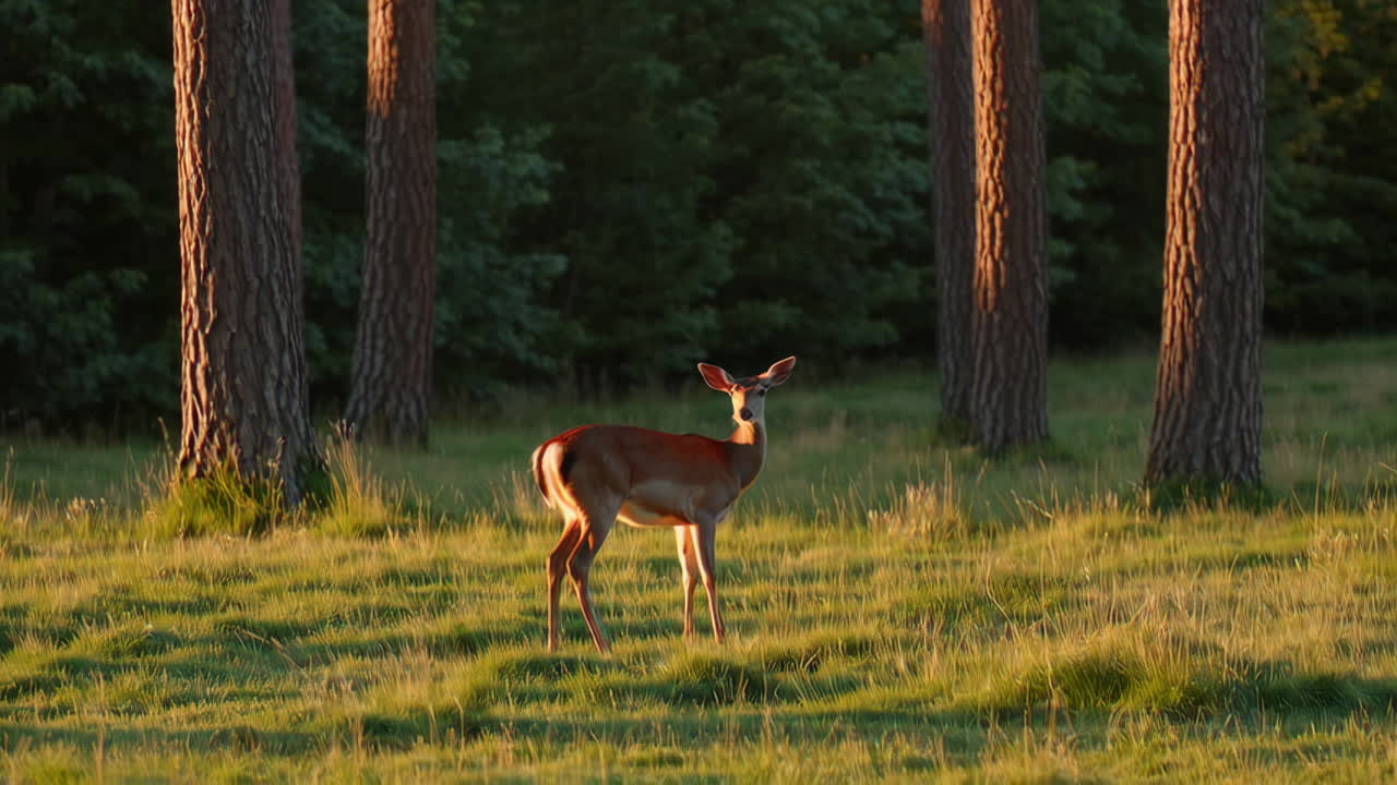 Deer in a Pine Forest at Sunset