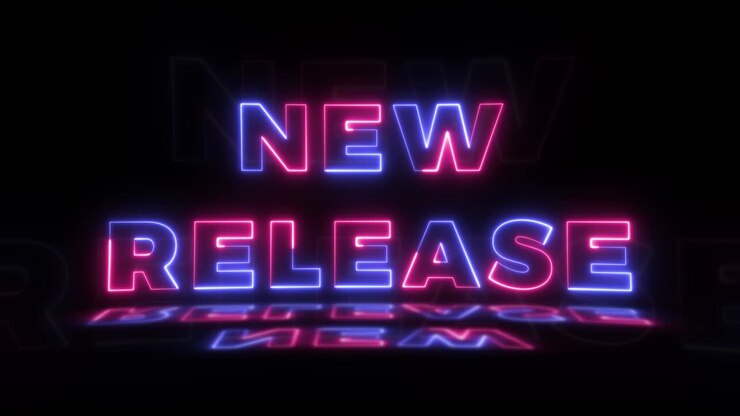 Neon glowing word 'NEW RELEASE' on a black background with reflections on a floor. Neon glow signs in seamless loop motion graphic