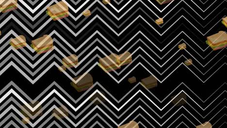 animación de sándwiches que caen sobre líneas en zigzag grises en movimiento sobre fondo negro