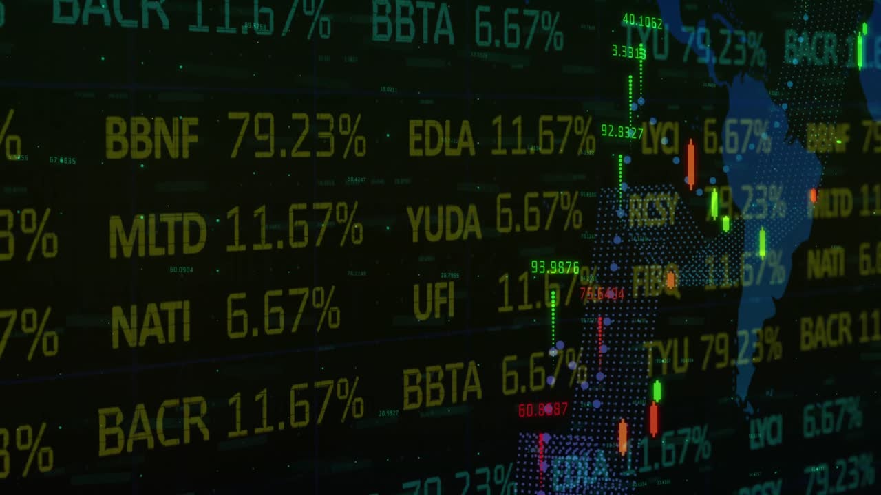 animación de estadísticas y números, procesamiento de datos financieros sobre el mapa del mundo