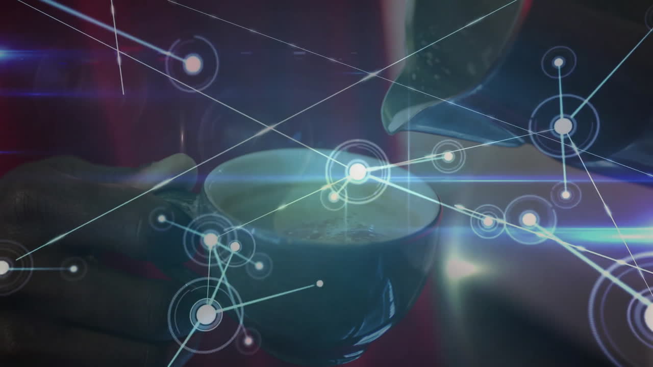 Person holding coffee mug while person pouring cream in tech scene, showing glowing network nodes