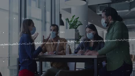 Animation-of-graphs-and-numbers-over-diverse-coworkers-wearing-mask-discussing-reports-in-office