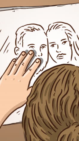 person looking at a drawing of two portraits