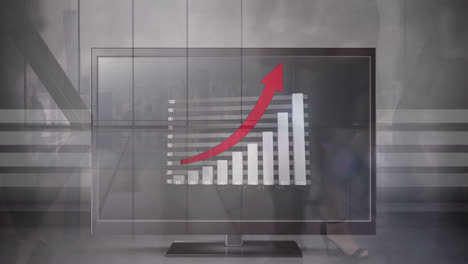 animación del procesamiento de datos estadísticos en la pantalla de la computadora contra personas que caminan en la oficina
