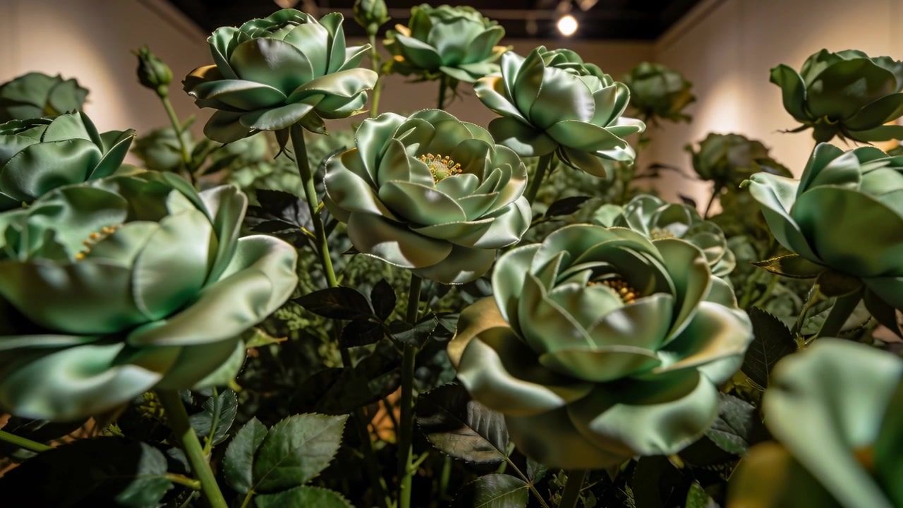 Câmera puxando e inclinando revelando rosas verdes em camadas em uma galeria com caules e um holofote