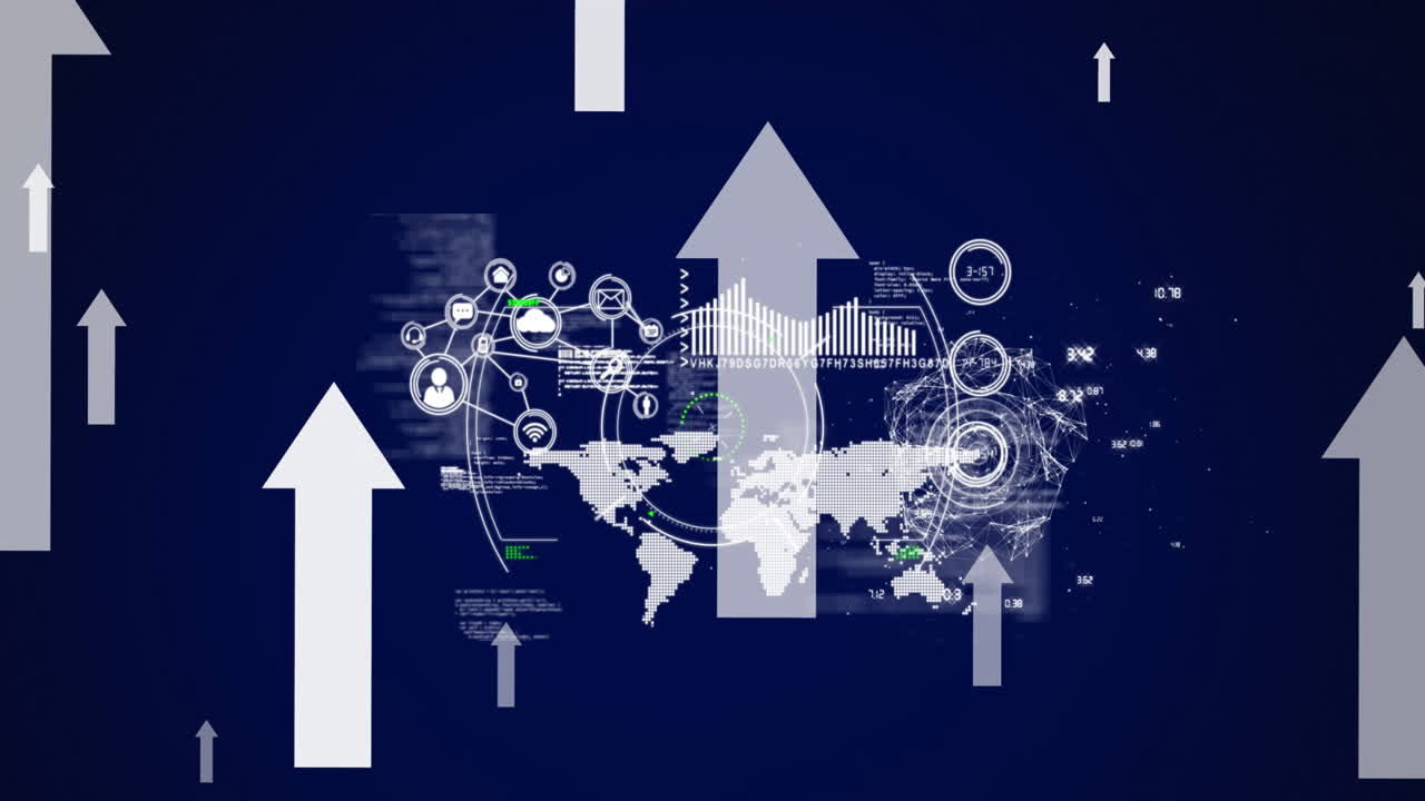 animación de flechas y escaneo de alcance sobre el procesamiento de datos financieros sobre fondo azul