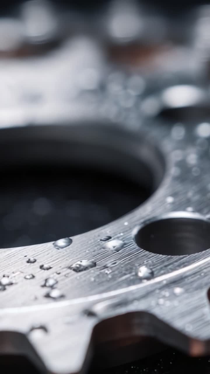 Close-Up of a Metal Gear with Water Droplets, Showcasing the Textured Surface and Precise Engineering of Mechanical Components under Soft Lighting