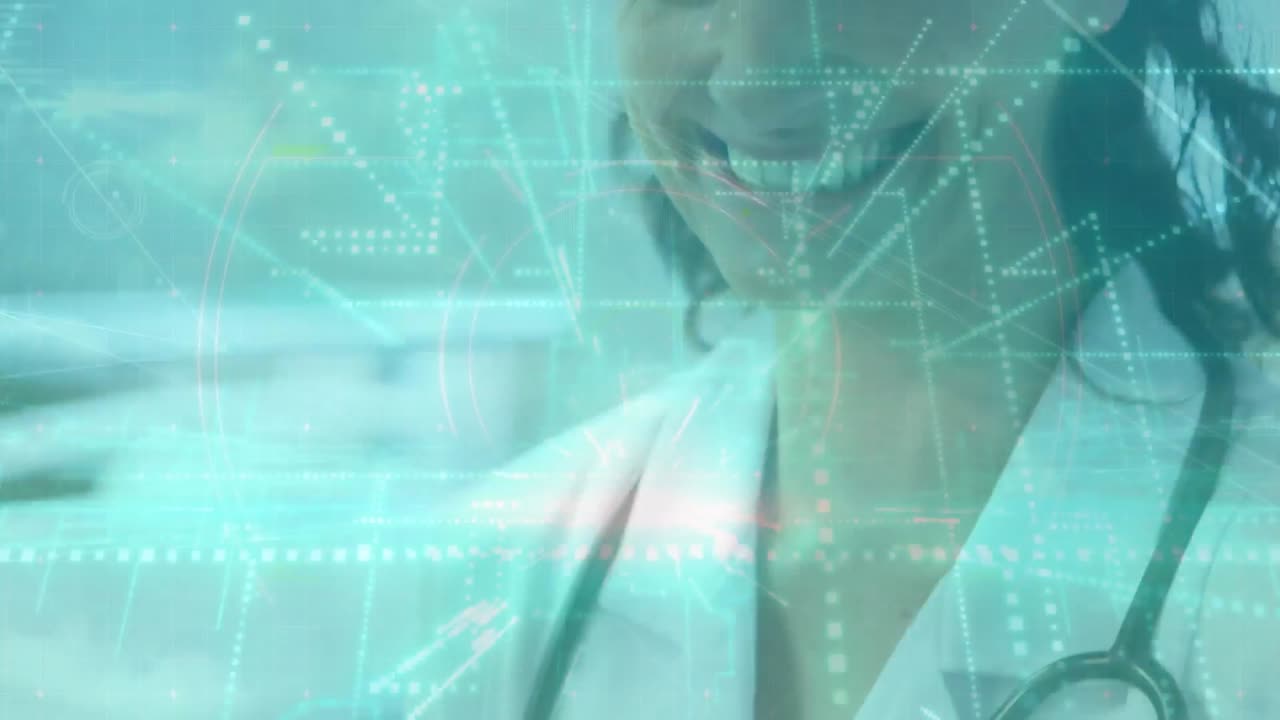 animación de la red de conexiones con el procesamiento de datos sobre la doctora caucásica