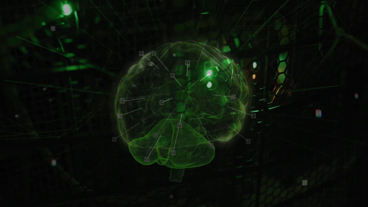 Animation of connections and digital brain over server room