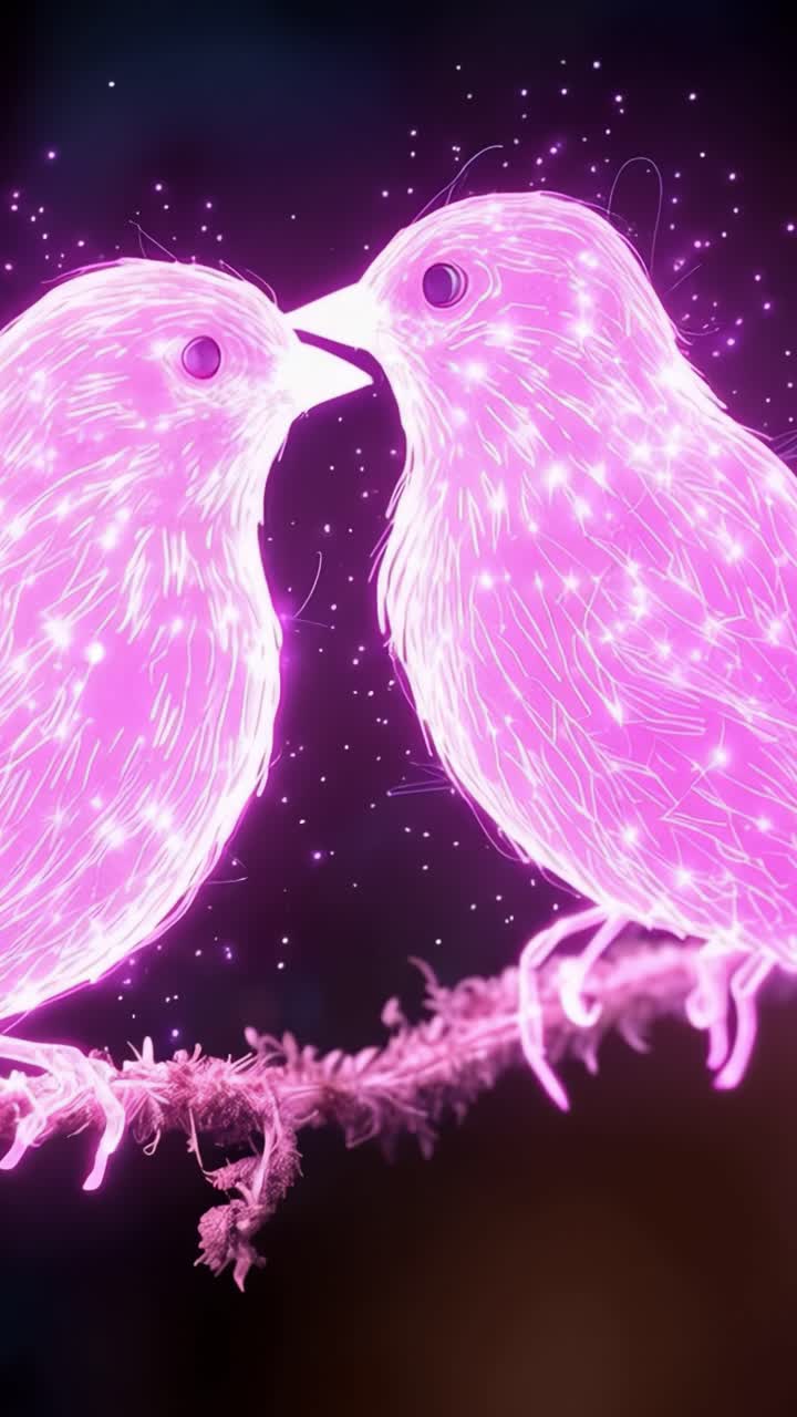 Two Ethereal Birds Encountering Each Other in a Dreamlike Realm, Radiating Glowing Energy Amidst a Cosmic Background of Stars and Particles