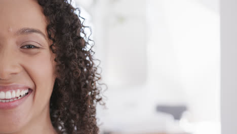 half portrait of happy biracial woman with dark curly hair smiling at home, copy space, slow motion