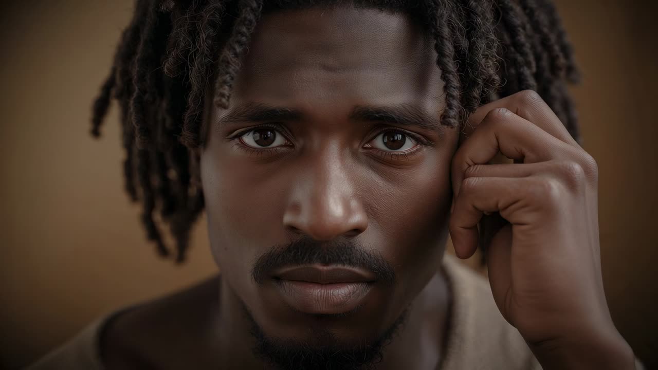Avvio della registrazione, uomo con dreadlock che si porta la mano destra alla guancia in studio, esprimendo un pensiero