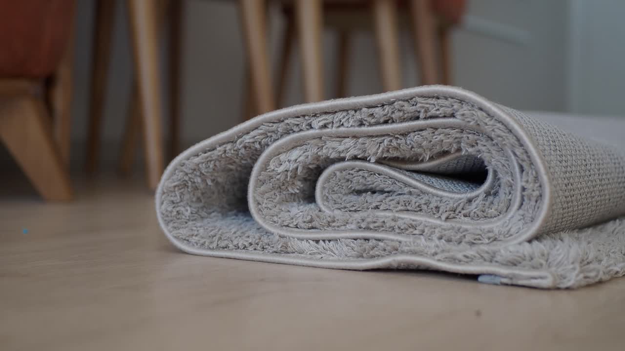 свернутый бежевый пушистый ковер на деревянном полу