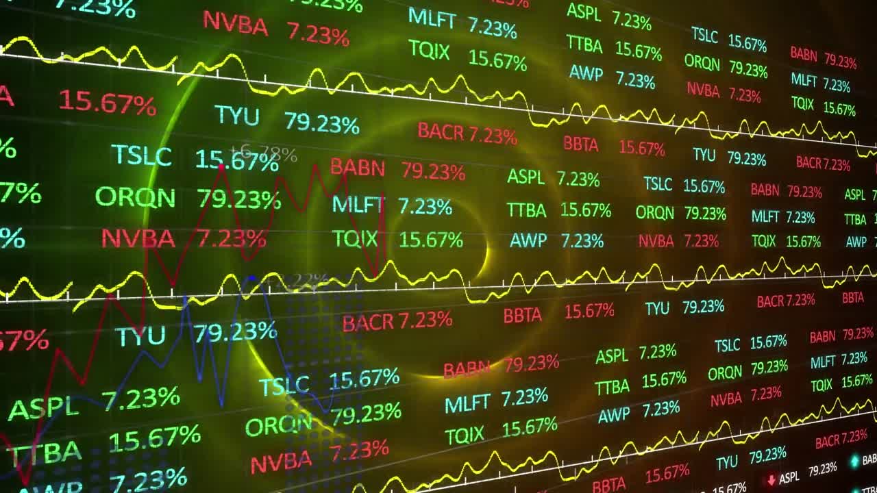 조명 된 원형 패턴 위에 거래 보드와 함께 여러 그래프와 숫자의 애니메이션