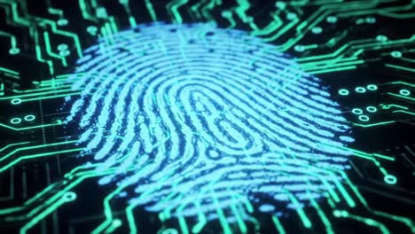 a detailed exploration of a futuristic digital fingerprint embedded in a circuit board, symbolizing advanced security and biometric technology for identity verification