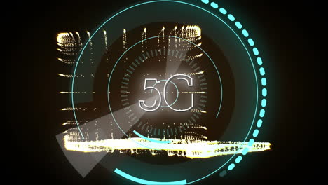 5g escrito en el medio de un círculo futurista y un portátil digital
