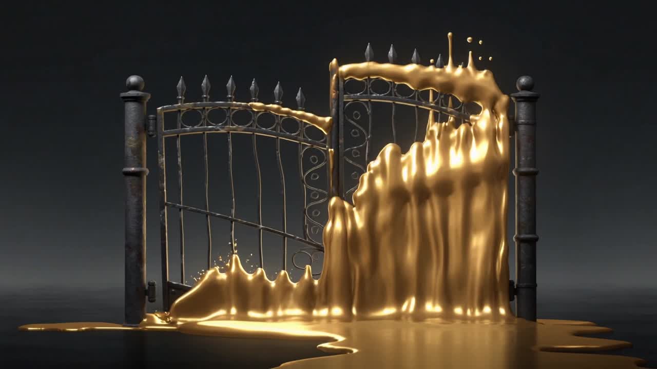 Partindo de uma poça no canto inferior direito, líquido dourado subindo sobre um portão de ferro ornamentado em estúdio, revestindo o portão.