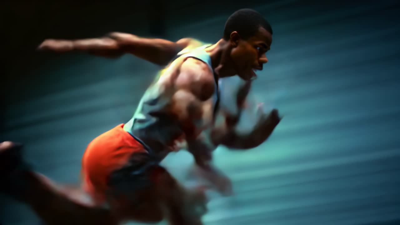 Dynamic video still of a sprinter in motion, captured from a side angle