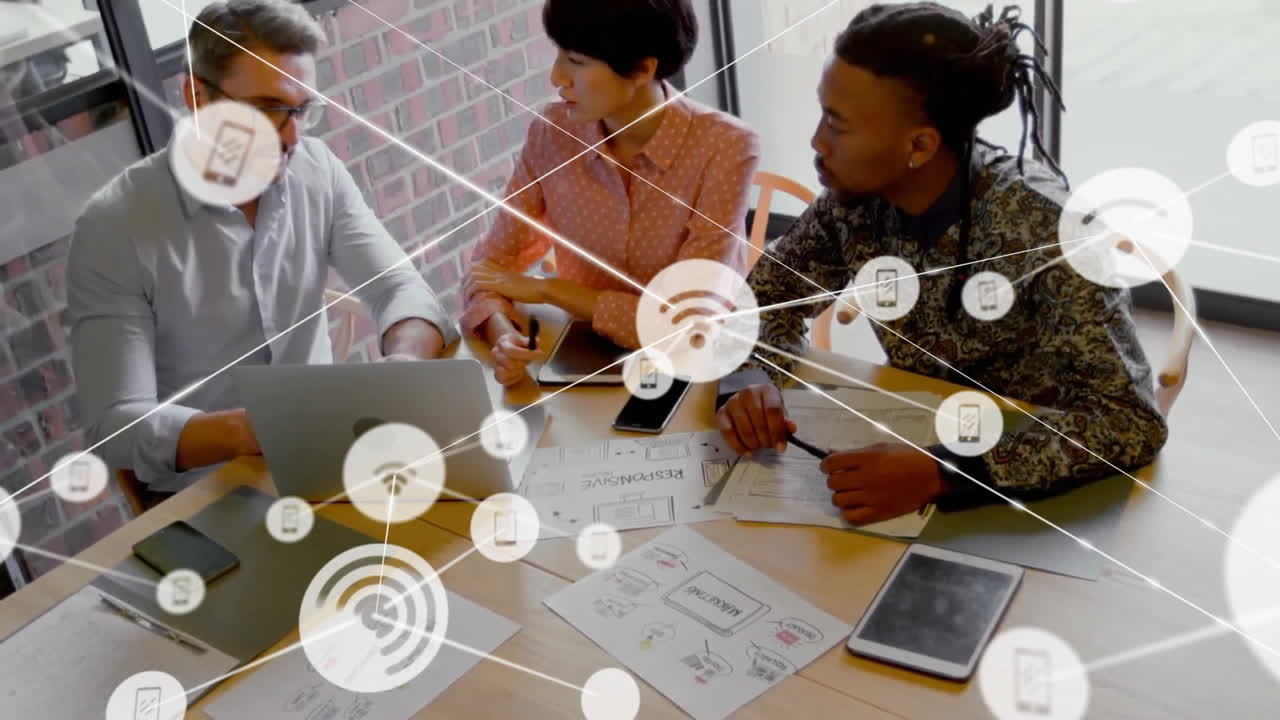 Animation of network of connections over diverse business people discussing work in office