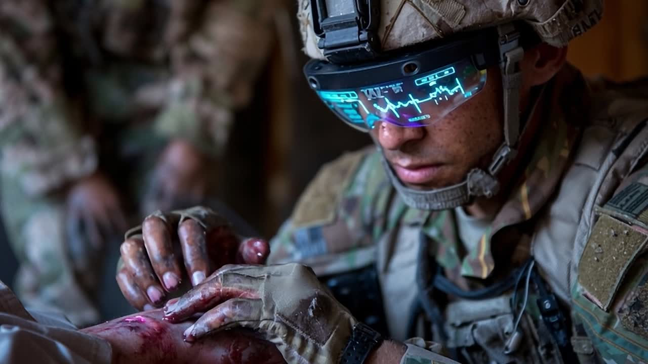 Soldier performs medical treatment using advanced technology in the field