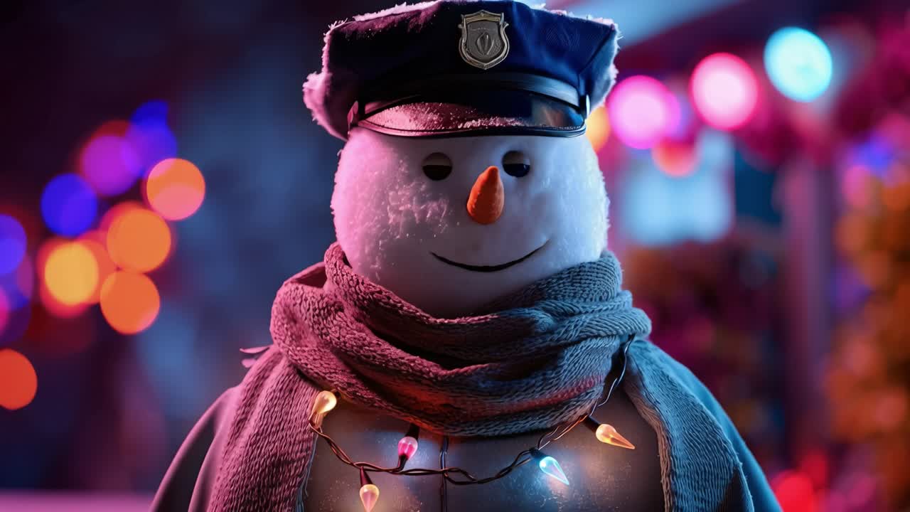 Snowman wears police cap and scarf. He smiles gently with glowing lights around him. Night scene shines with colorful bokeh lights. Festive winter charm captures holiday spirit