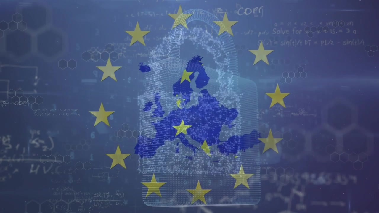 Animazione di lucchetto, mappa dell'Europa, elaborazione dati e bandiera dell'UE