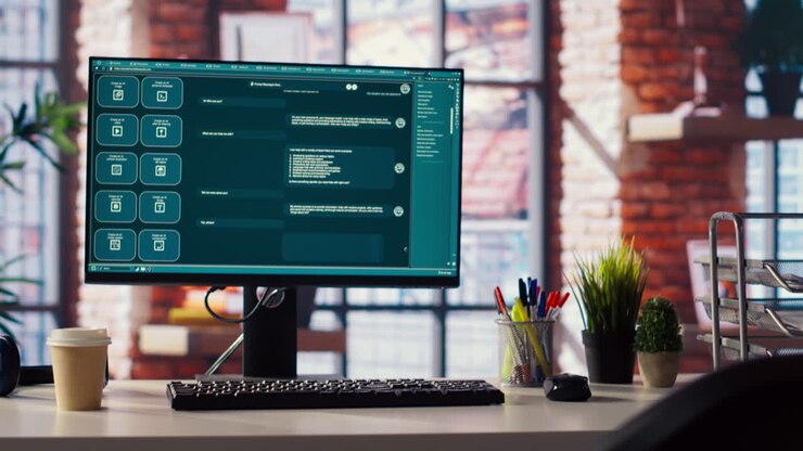 PC in home office with AI LLM chatbot answering users
