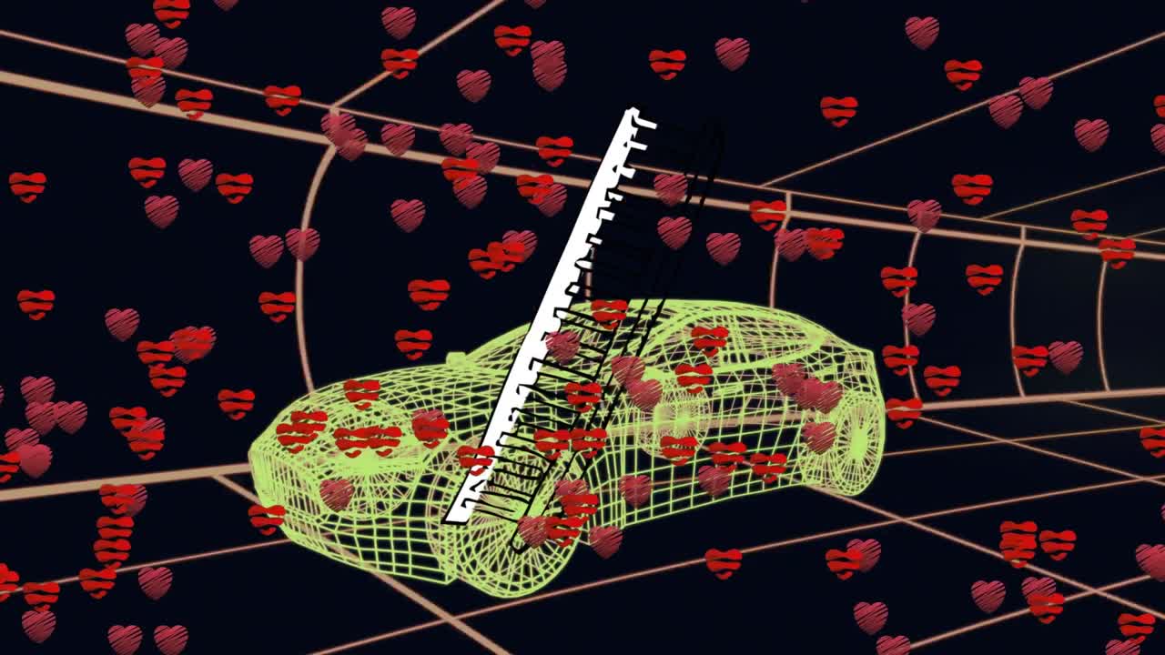 검은색 바탕에 디지털 자동차 위에 심장과 사다리 아이콘의 애니메이션.