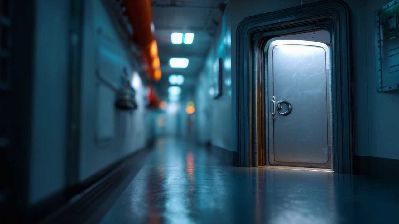 Een mysterieuze deuropening in een slecht verlichte gang met reflecties en levendige verlichting, waardoor een intrigerende sfeer van mogelijkheden en geheimen ontstaat die verderop wachten