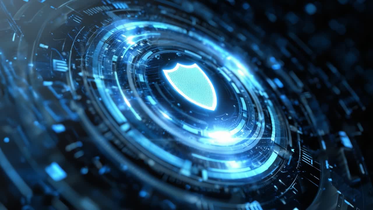A Futuristic Representation of Digital Security Featuring a Shield Icon Surrounded by High-Tech Circular Patterns and Glowing Blue Elements