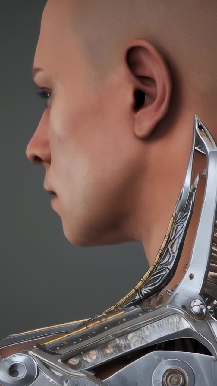 Vertical video: Pulling back revealing metal exoskeleton bare-shouldered man turning head in studio