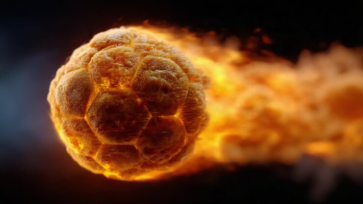 A Flaming Sphere in Motion: Capturing the Intense Energy of a Lightning-Fast Ball Surging Through the Air with an Explosive Trail of Fire and Speed