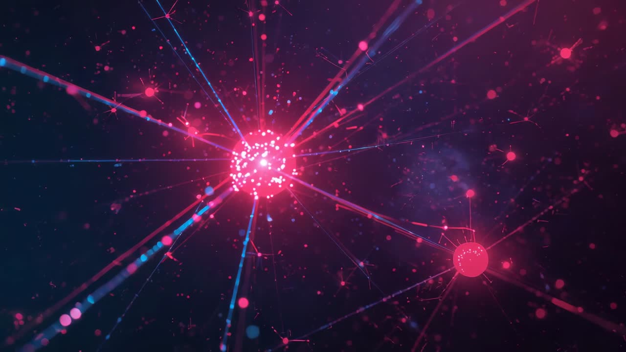 Camera pulling closer to main magenta node in dark field, revealing particles and right small node
