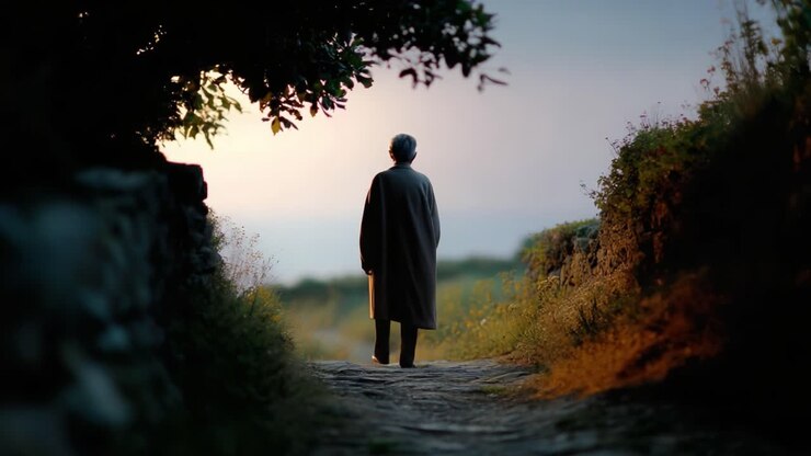 A solitary figure walks down a tranquil path surrounded by nature, embodying themes of reflection, journey, and introspection in a serene setting during twilight