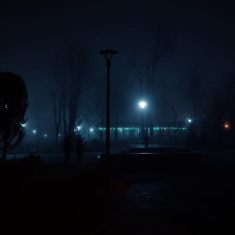 City park at night in winter. Few people silhouettes walk in the dim light of street lights.