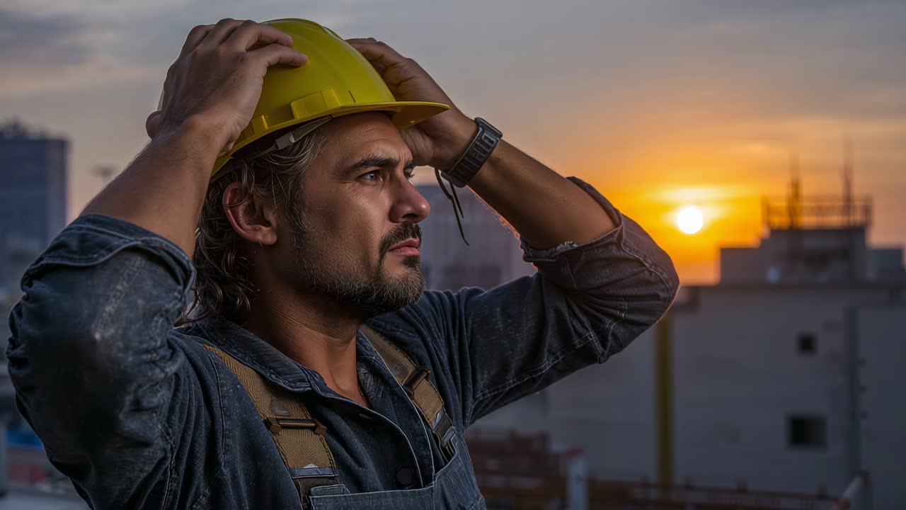 Fitting yellow hardhat worker adjusting helmet and harness studying city as sun lowering on rooftop