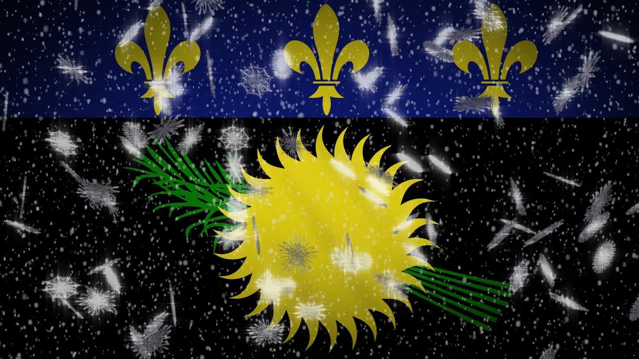 Guadeloupe variant flag falling snow loopable, New Year and Christmas, loop