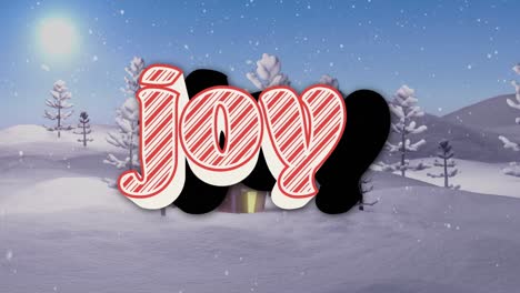 animation of christmas joy text over snow and house in winter scenery