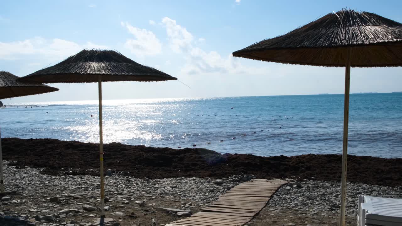 Scena da spiaggia con ombrelloni e passerella in legno
