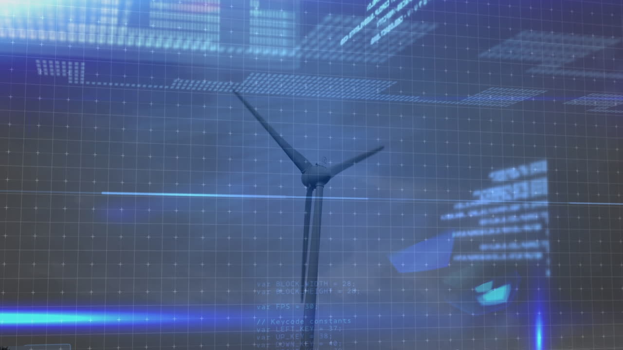 데이터 처리 및 풍력 터빈과 구름이있는 하늘 위의 빛 트레일의 애니메이션
