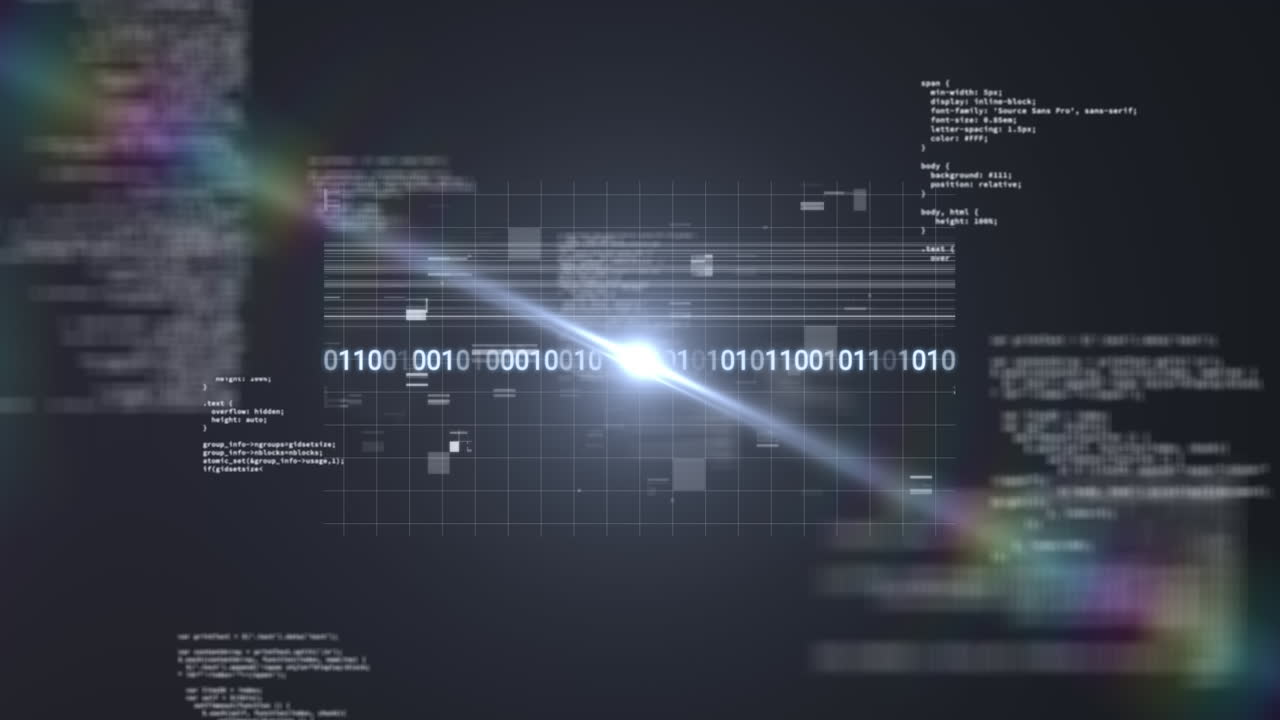 Animation of data processing and light trails on black background