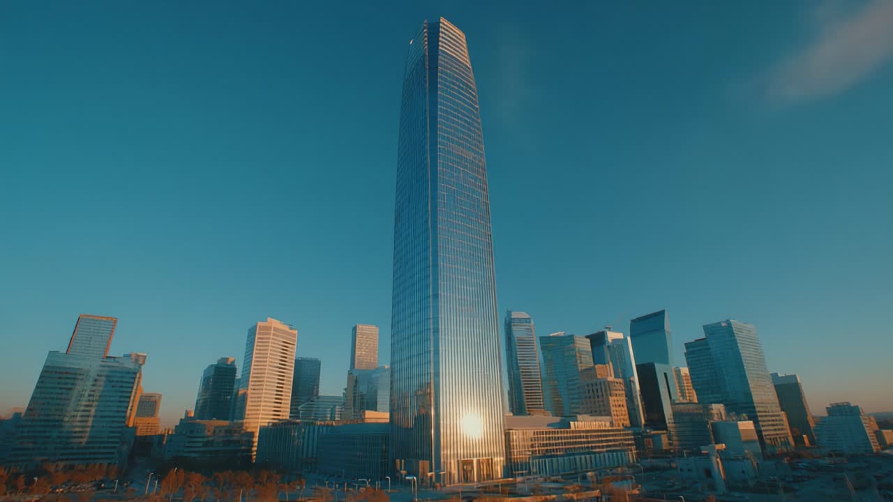 Splendido grattacielo al tramonto: un bellissimo paesaggio urbano che evidenzia l'architettura moderna e il riflesso scintillante contro il cielo serale
