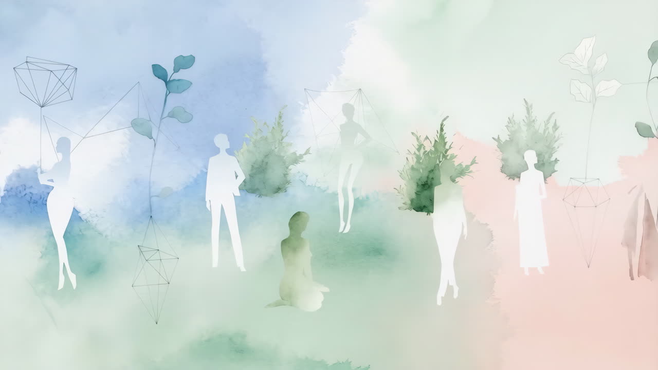 Abstract Watercolor Background with Human and Nature Silhouettes
