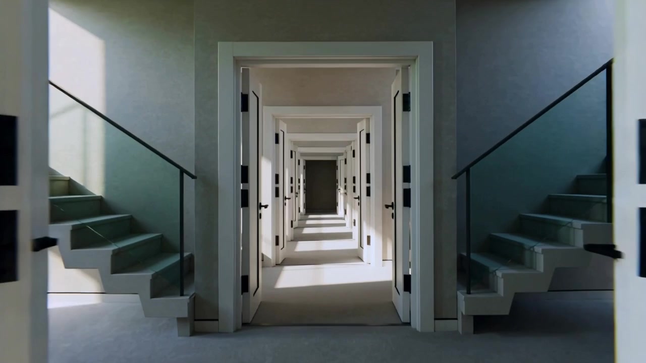 Portas brancas giratórias revelando cômodos que se afastam enquanto a câmera se move em uma casa vazia com maçanetas pretas.