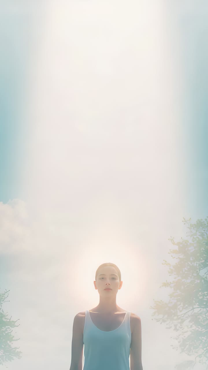 Vertical video: Exposure increasing, woman in white tank top standing at park, light halo expanding