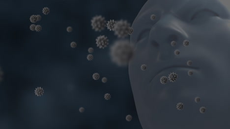 estructura del adn, células de covid-19 y estructuras moleculares flotando contra el modelo de cara humana
