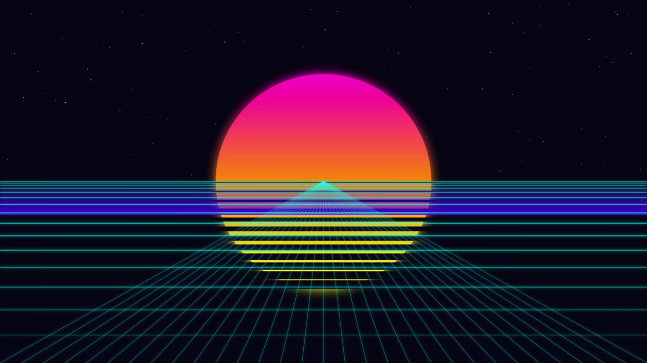 Retro Synthwave Style Sunset Over Digital Grid Landscape